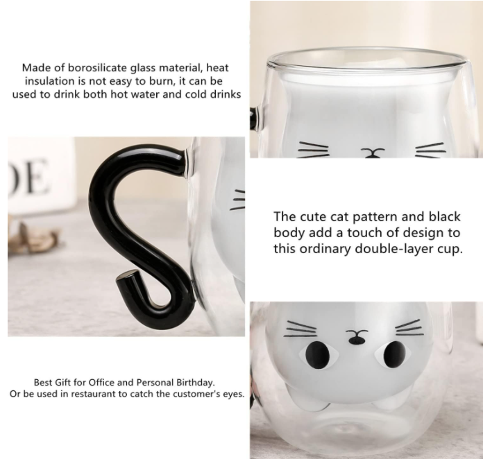 Cat Mugs, Double Wall Glass Cute Coffee Tea Cup, Graduation Valentines Mothers Day Easter Halloween Christmas Gifts for Women Wife Mum Her Girl Teacher Friend
