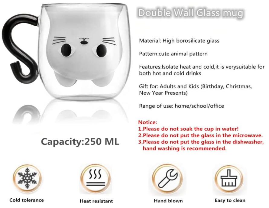 Cat Mugs, Double Wall Glass Cute Coffee Tea Cup, Graduation Valentines Mothers Day Easter Halloween Christmas Gifts for Women Wife Mum Her Girl Teacher Friend